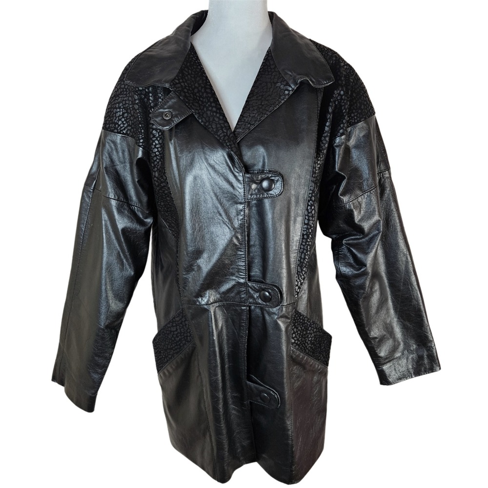 Comint Black Leather Jacket Trench Women's Medium 90s Vintage Goth Cyber Grunge